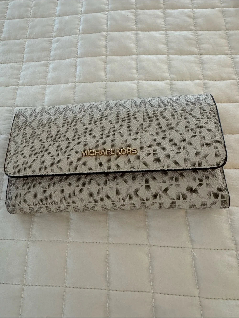 Michael Kors Taupe Signature MK Clutch with Gold Logo